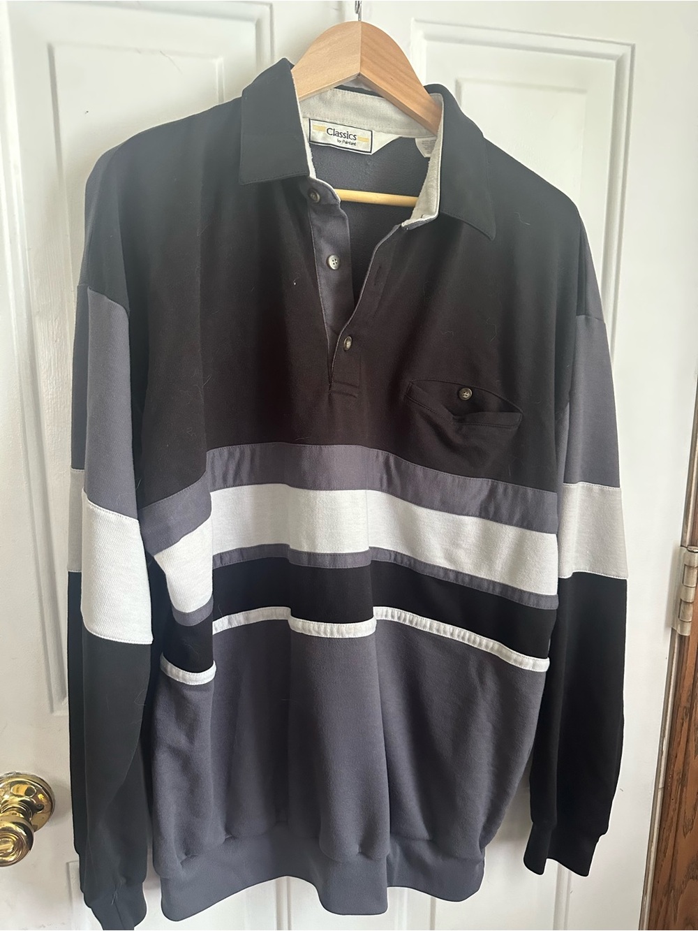 Classics by Palmland Vintage Black & Gray Striped Long-Sleeve Polo XL